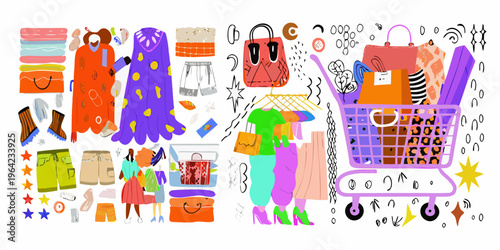 Colorful illustration of clothes bags and a shopping cart