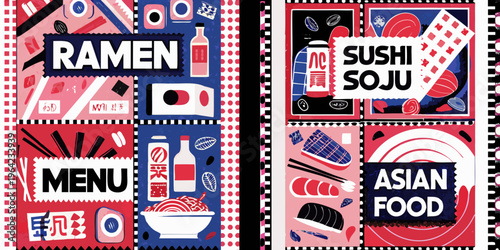 Colorful illustration of japanese ramen sushi and asian food menu items