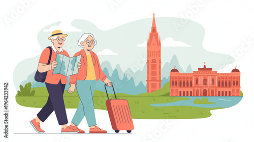 Elderly couple walking with luggage on vacation trip to historic city with famous tower and building