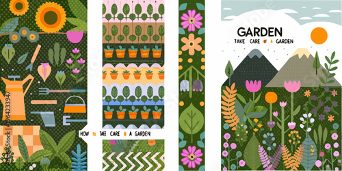 Colorful garden illustrations with flowers vegetables and gardening tools