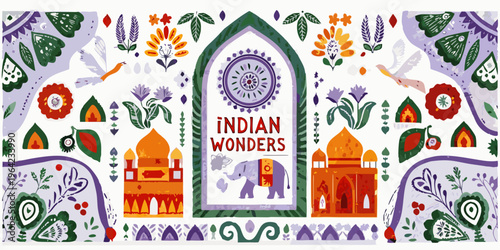 A colorful illustration depicting indian wonders with floral and architectural motifs