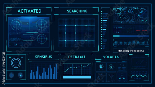 Futuristic interface displaying activated systems searching and global data streams