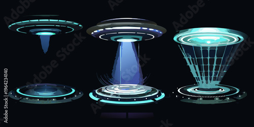 Futuristic ufos and spacecrafts hovering in a dark mysterious scene