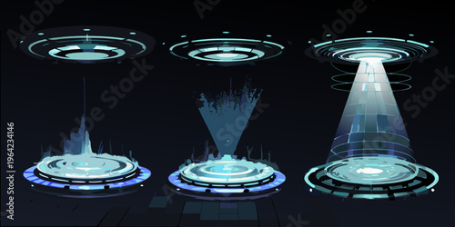 Multiple ufo spacecrafts emitting bright beams of light against a dark sky