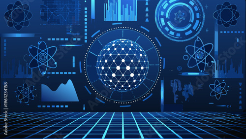 Futuristic technology background with glowing circuits and data visualizations