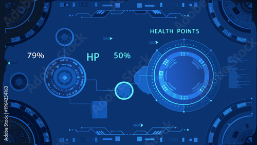 Futuristic user interface displaying health points and system status indicators