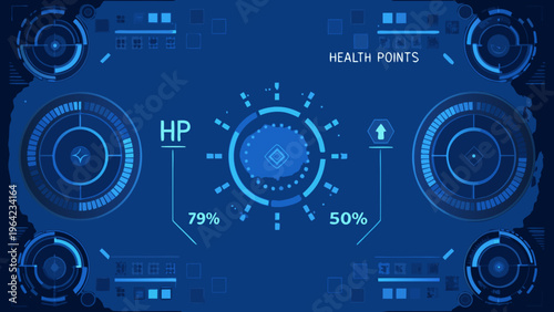 Futuristic user interface displaying health points and system status indicators