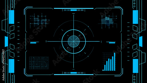 Futuristic heads up display with a central targeting reticle and data panels