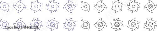 Hurricane cyclone icon set collection group in line style featuring storm, typhoon, tornado, whirlwind, vortex and weather synonym elements for disaster alert, climate design and warning graphics