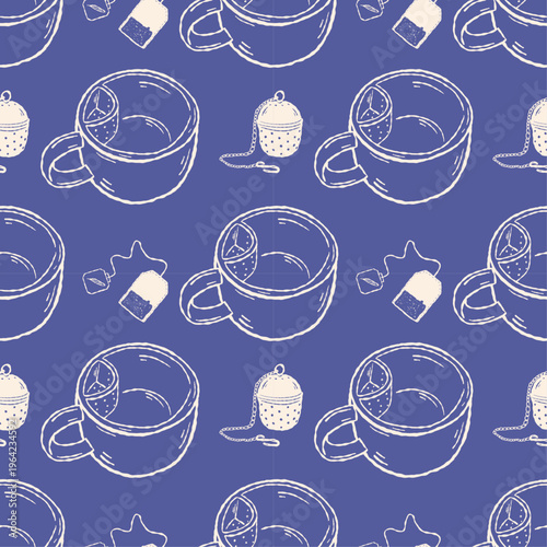 Minimal tea cup pattern with teabag and strainer hand drawn style