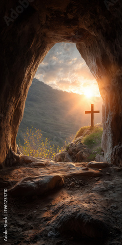 Empty Tomb View of Christian Cross on a Hill at Sunrise for Easter Resurrection

