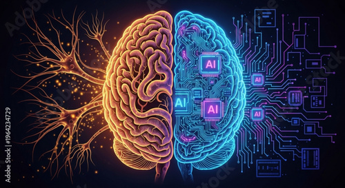 Neon brain split into human and ai sides with circuit board and neurons on dark background