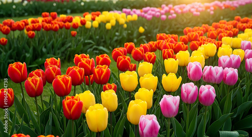 Vibrant tulip field in full bloom with diverse colors on transparent background