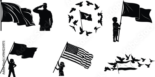 Patriotic silhouettes of american flags and soldiers in various positions