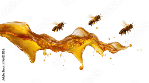 honey dripping with bees natural sweet nectar golden honeycomb product isolated on white background 