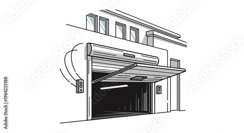 Open industrial roller door showing interior space with controls