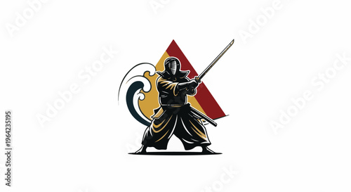 Dynamic kendo practitioner in combat stance, symbolic wave and triangle