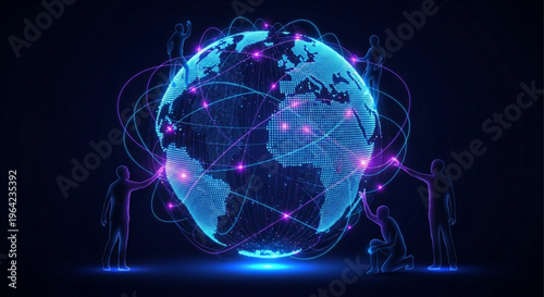 Global connectivity concept with people linking around the world map in a digital network