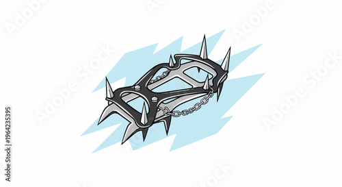 Illustrated climbing crampons with sharp metal spikes and a chain on a blue lightning background