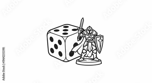 Detailed illustration of a warrior miniature with a sword and shield beside a six-sided die