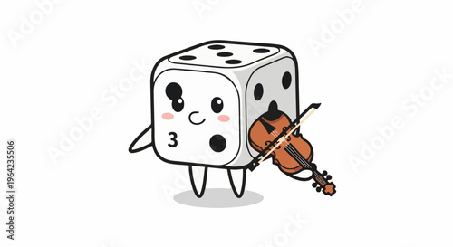 Cute dice character playing a violin with blushing cheeks