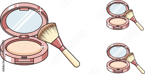 Pink compact powder with mirror and makeup brush, shown in multiple instances on a white background.
