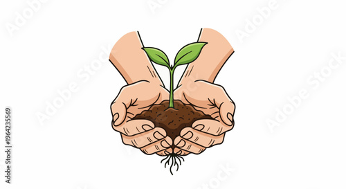 Cupped hands cradle a tiny green seedling sprouting from rich soil