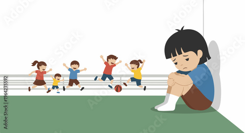 Lonely child sits apart from joyful children playing with a ball