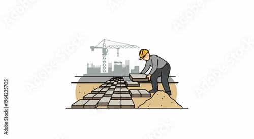 Construction worker laying paving stones with cranes and buildings in background