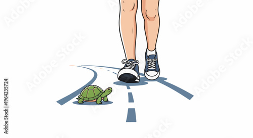 Person wearing sneakers walks on a road next to a slow-moving tortoise