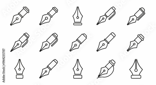 Collection of stylized, black and white fountain pen nib illustrations