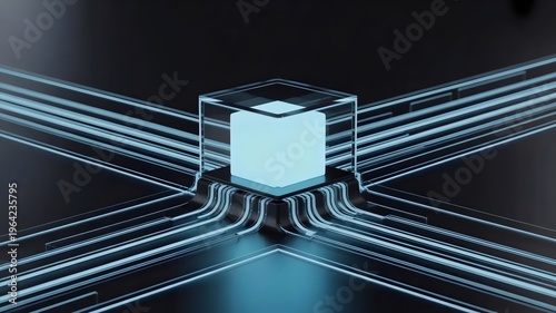 Translucent glass processor with signal web – Great for internet infrastructure, digital transformation, or smart tech.