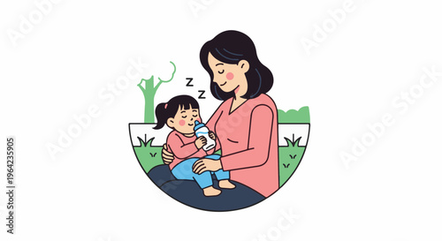 Mother gently holds sleeping child with bottle in a park setting