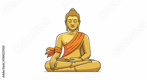 Golden Buddha meditating in lotus position, draped in orange cloth
