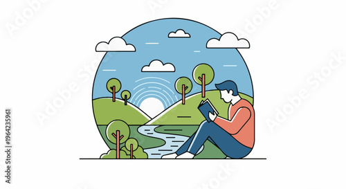 Person relaxing and reading book amidst a scenic natural landscape