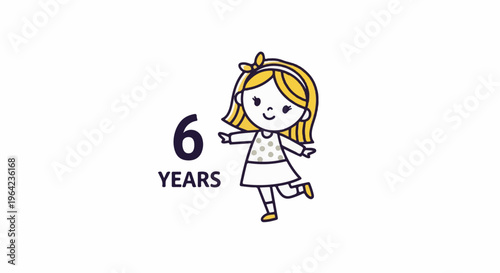 Cheerful cartoon girl with blonde hair and a bow celebrating six years