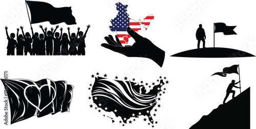 Patriotic and symbolic silhouette illustrations of freedom and unity