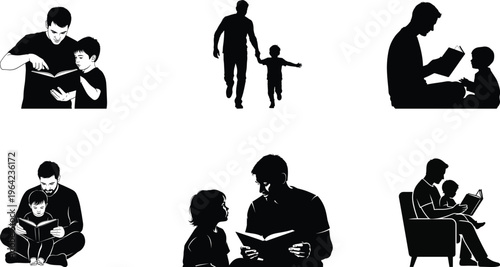 Silhouette illustrations of adults and children reading together in various settings and poses