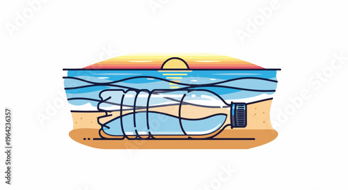 Plastic bottle pollutes beach and ocean at sunset