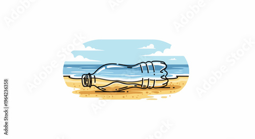 Plastic bottle on beach, filled with ocean water, symbolic of pollution