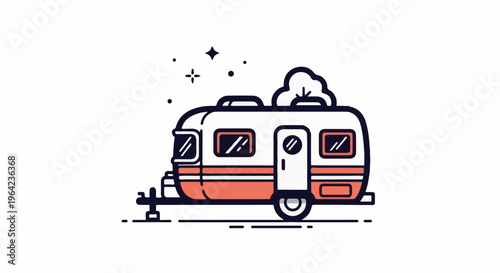 Retro travel trailer with windows, door, tree, and stars