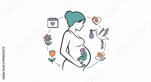 Pregnant woman surrounded by symbols of pregnancy, birth, and care