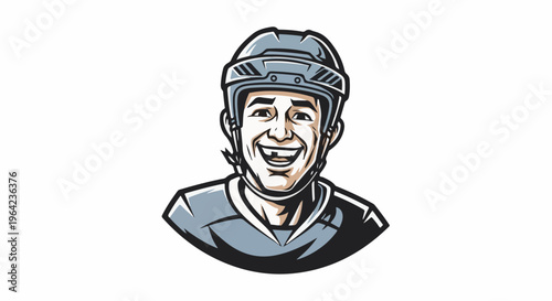 Cartoon illustration of a smiling male hockey player wearing a helmet and jersey