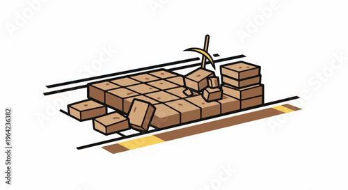 Cartoon illustration of a construction site with bricks and a pickaxe