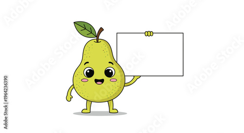 Adorable green pear cartoon character smiling and holding a blank white message board for custom text or advertising copy.