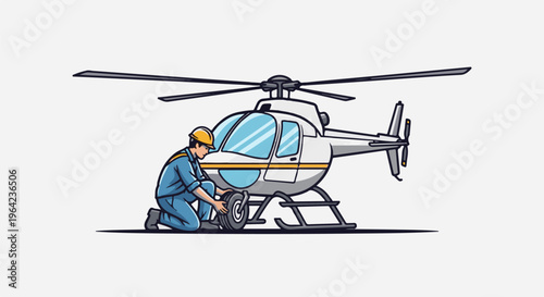 Mechanic in blue overalls and yellow hard hat repairs a white helicopter wheel