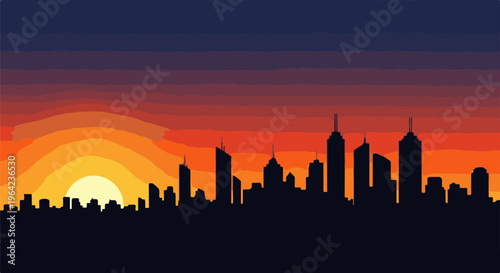 Silhouette of city skyline against a vibrant sunset with layered orange and yellow hues