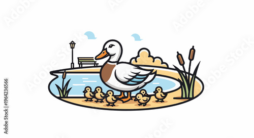 Mother duck leads ducklings by a serene pond with a bench and lamp