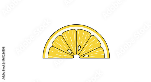 Realistic illustration of a half-sliced yellow lemon fruit with visible segments and seeds on a clean white background.