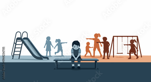 Lonely child on bench surrounded by pointing silhouettes at a playground